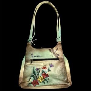 ANUSCHKA handbag, hand painted leather, flowers,butterfly,dragonfly, shoulder